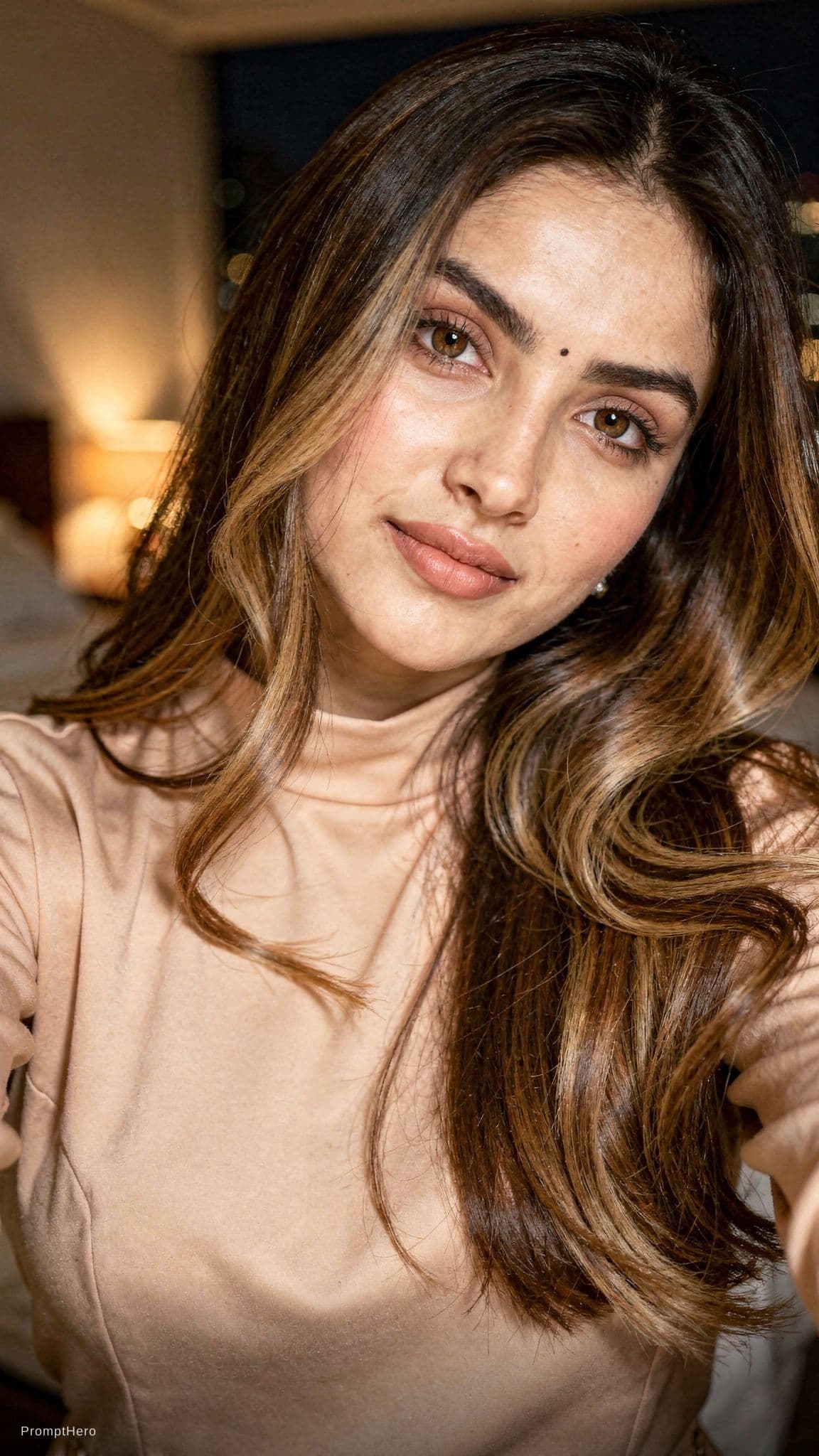 AI generated: Close-up selfie of a fair young woman with long soft brown hair with highlights, light choco soft le...