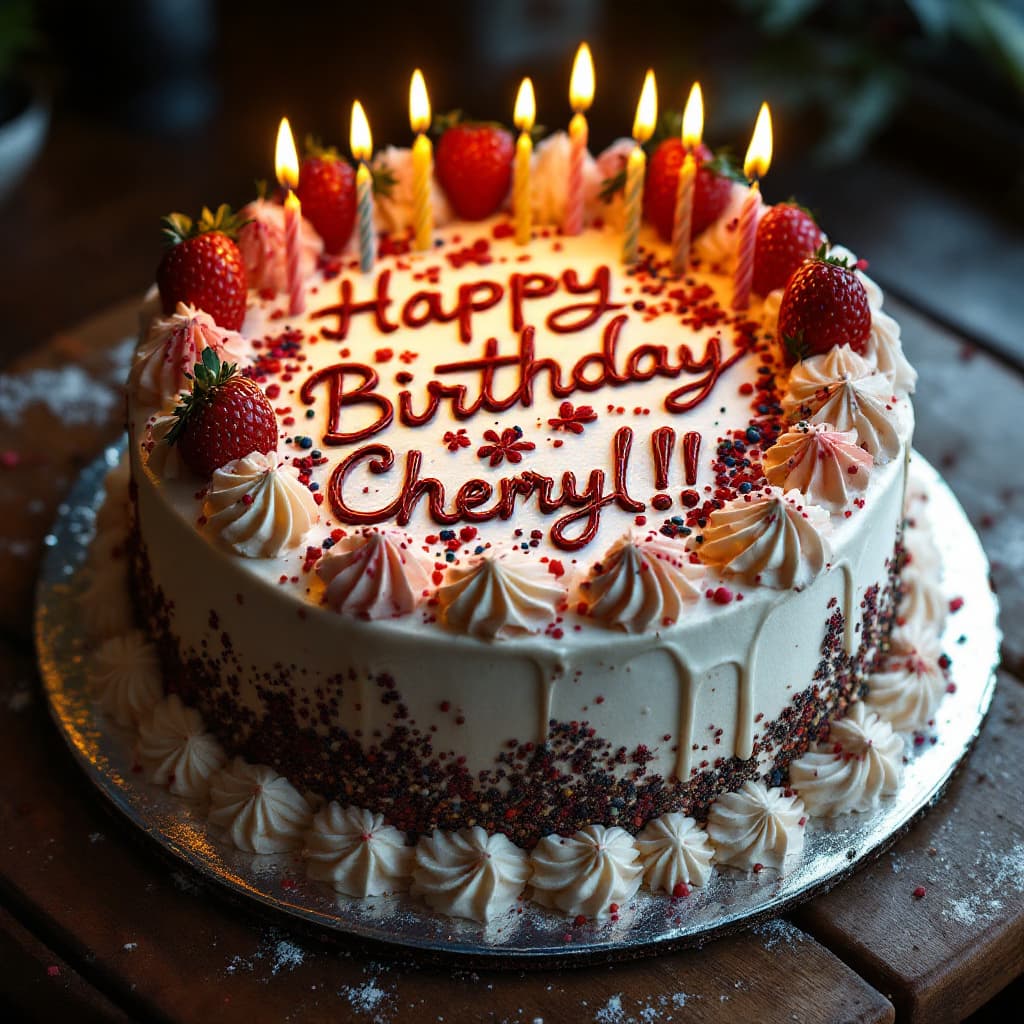 AI generated: hyper realism, high detail, cake, that says happy birthday Cheryl!! on the icing, whole cake,
