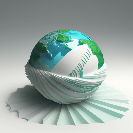 AI generated: 3d, the earth look like piece of sushi, paper work, cyan, and white with emerald green, rough-textur...