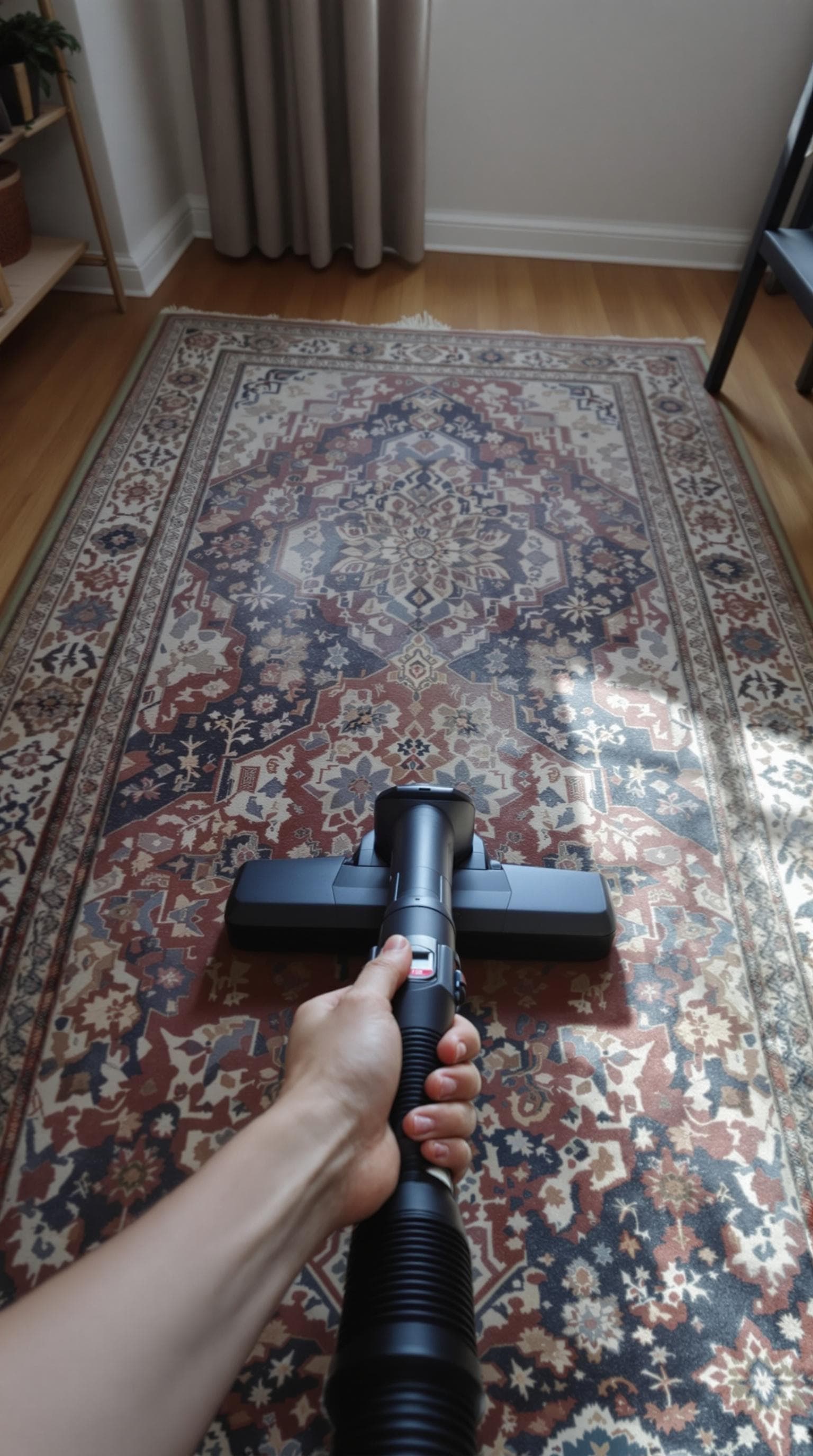 AI generated: POV first-person, I am vacuuming the floor in my small, minimalist home. The camera captures my firs...