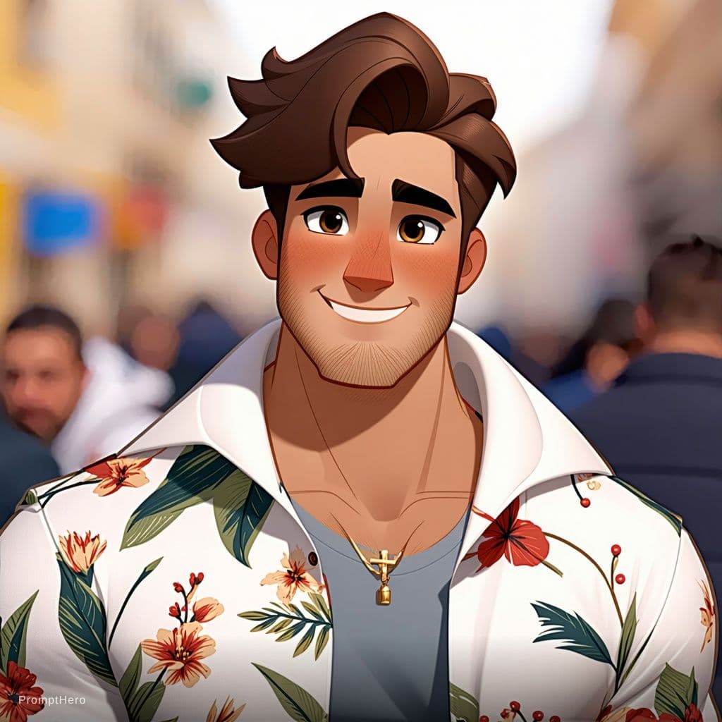 AI generated: A cute brown hair dark hazel eyes man wearing a wet baby printed diaper 