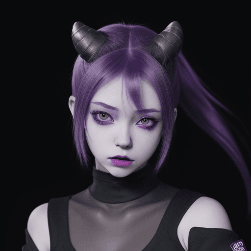 AI generated: 
beautiful girl, pretty face, pale-skinned demon girl in techwear, full body, purple hair ponytail, ...