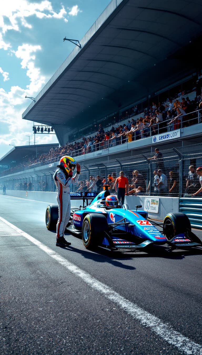 AI generated: Summer. On the race track, there is a racing car with a bright logo of an auto club. Next to the car...