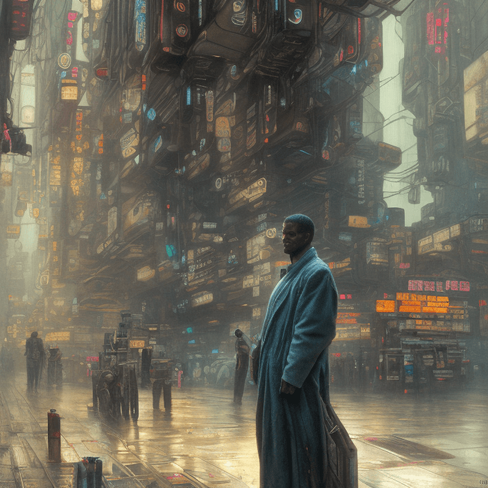 AI generated: excellent painted portrait of a replicant street vendor from blade runner (1982), cyberpunk blade ru...