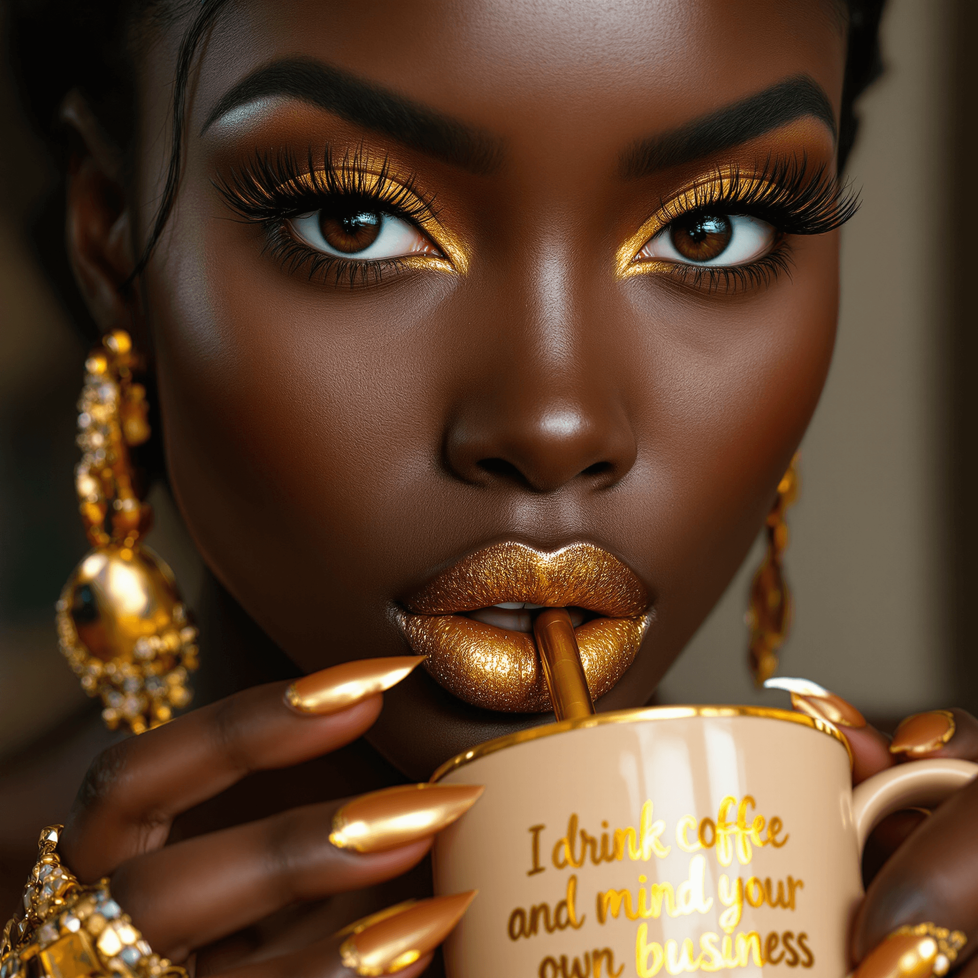 AI generated: A stunning portrait of a dark-skinned woman, done in a hyper-realistic style, with a captivating exp...