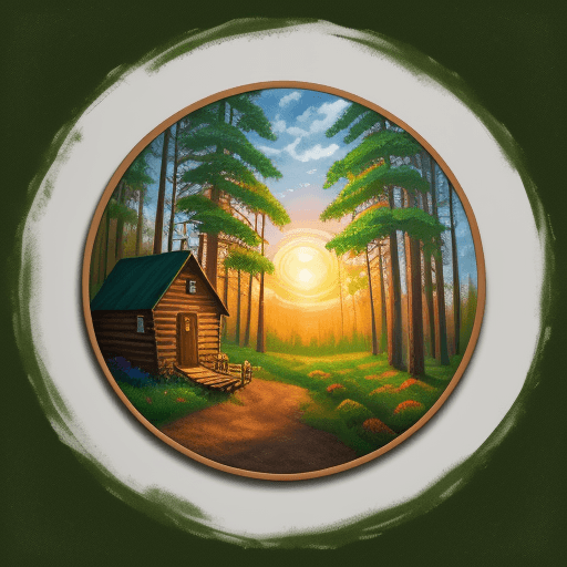 AI generated: circular painting of a forest scene at sunrise. One cabin door alone in the forest. Happy birds, hap...