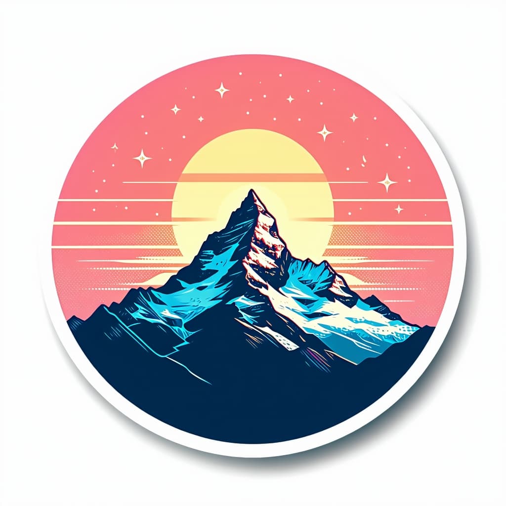 AI generated: A vibrant retro mountain sticker, showcasing a minimalist mountain peak with soft pastel colors and ...