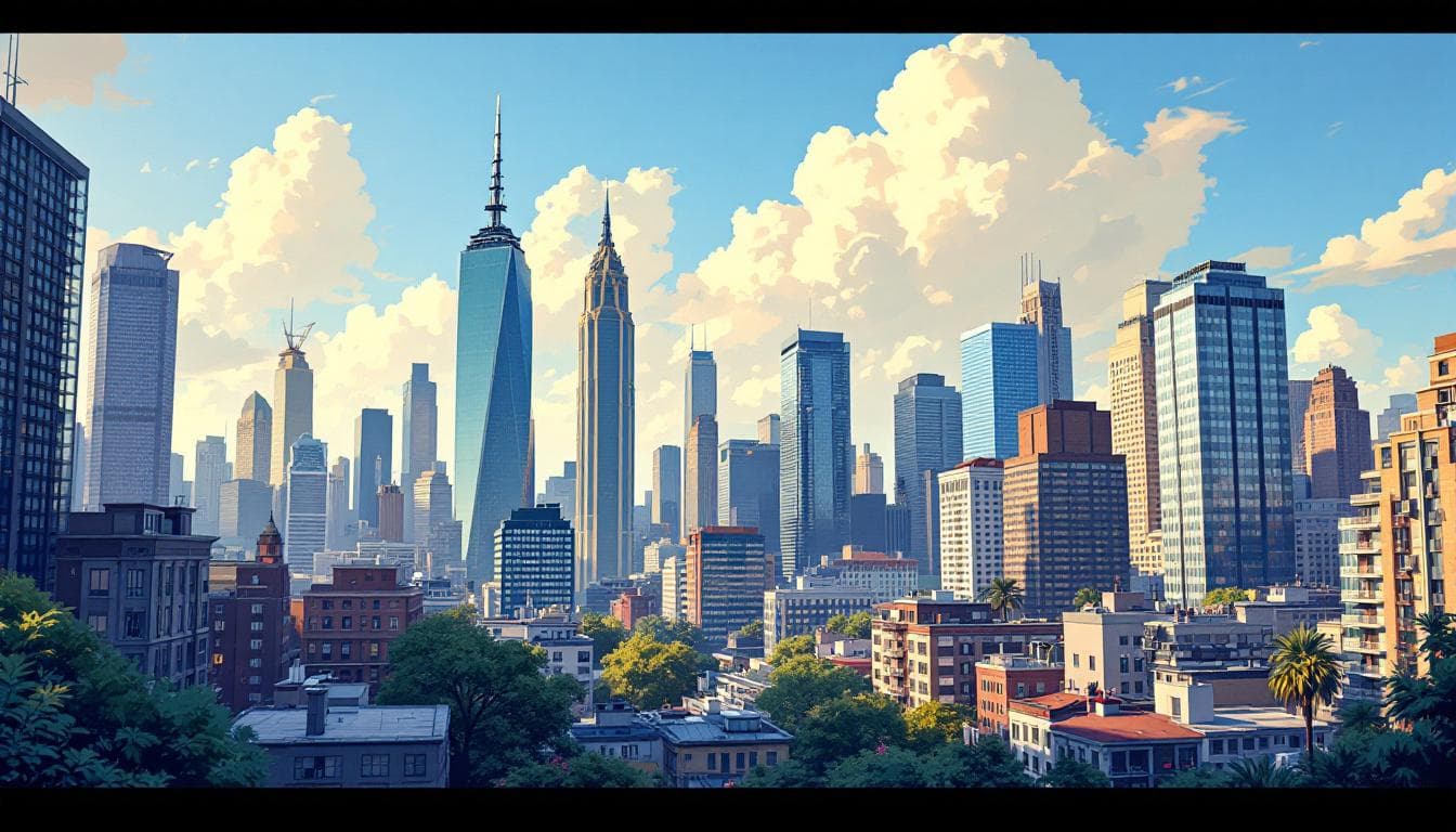 AI generated: Cartoon illustration, comic book cover featuring the skyline of a modern city during a summer mornin...
