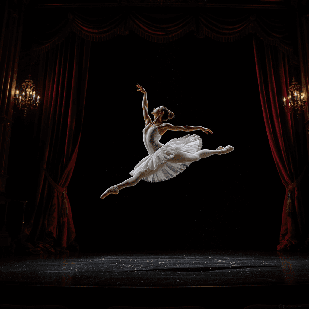 AI generated: Ballerina in mid-leap, tutu fluttering. Graceful form. Intense focus. Classical theater. Spotlights....