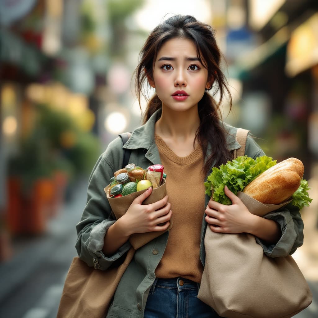 AI generated: Image of a woman walking down the street, her facial expression indicates that she is in a hurry and...