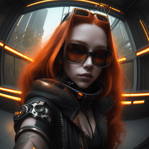 AI generated: Cyberpunk fashionista, oversized glasses reflecting twilight's last gleam, desert dawn, ginger hair ...