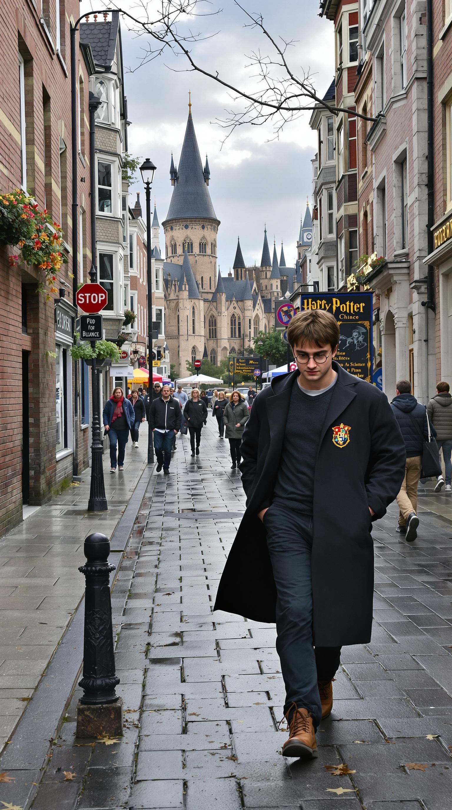 AI generated: Harry Potter walking on the street