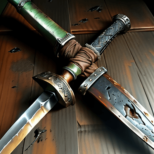AI generated: he rusty broadsword features a hilt that is a combination of materials, including weathered wood and...