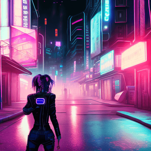 AI generated: (film stock), (extremely detailed CG unity 8k wallpaper) full body portrait of a cyberpunk woman lea...