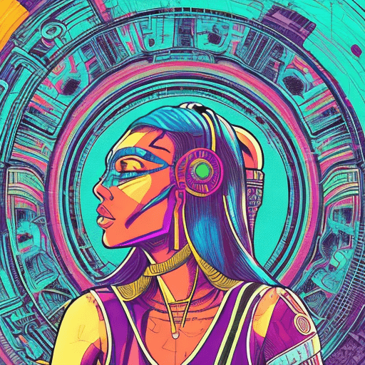 AI generated: high contrast comic book style art, cyberpunk aztec girl with the moon in the background, pop art, c...