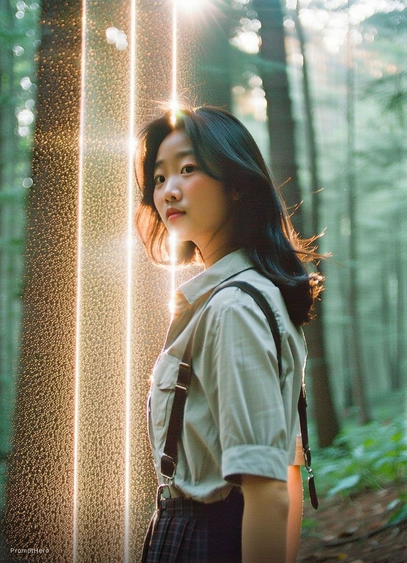 AI generated: A cinematic portrait of an Asian woman standing in a quiet forest, captured in a spontaneous moment ...