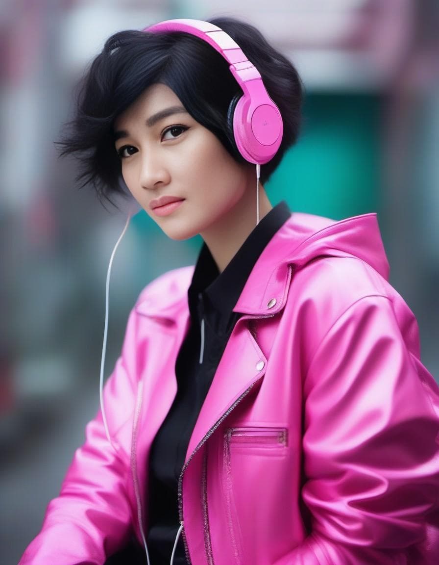 AI generated: commercial portrait a girl in pink shirt and pink jacket is listening to music, in the style of made...
