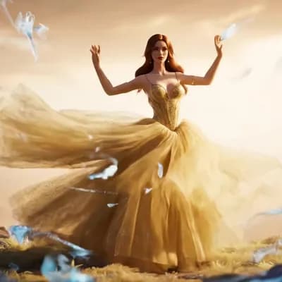 AI generated video: Woman in long luxorios tull dress, light yellow, golden color, the realm of the Air, magical winds e...