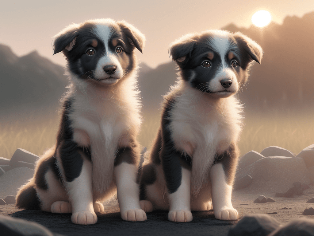 AI generated: Photo of a ultra realistic of a litter of 5 border collie puppies, paled sunrise, cinematic lighting...