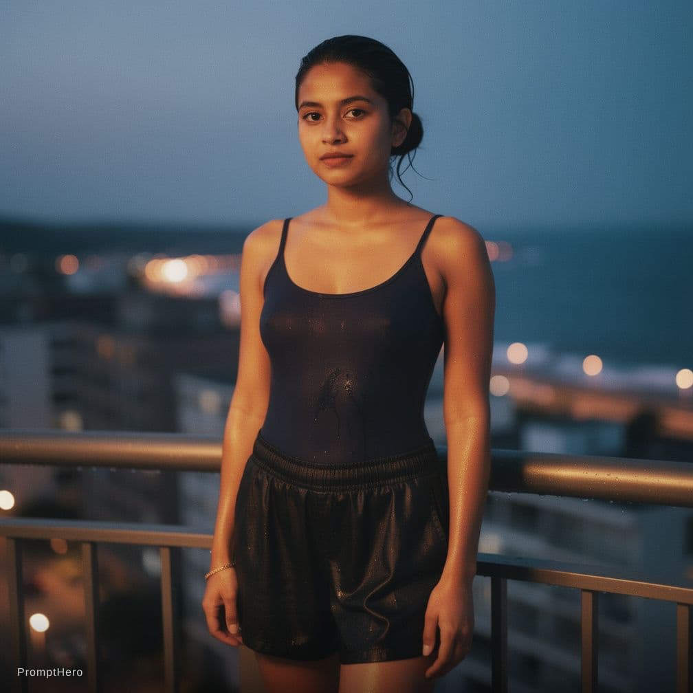 AI generated: A documentary style photograph of a young female on a high balcony just after swimming. Her long dar...