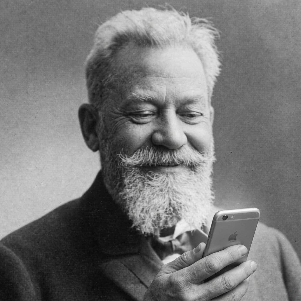 AI generated: The man looks to his iPhone and smiles