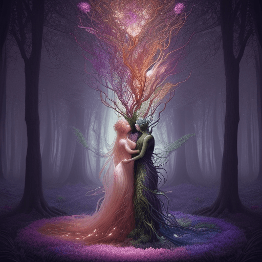 AI generated: A magnificent portrayal of a surreal forest where flora and fauna intertwine, forming an enchanting ...
