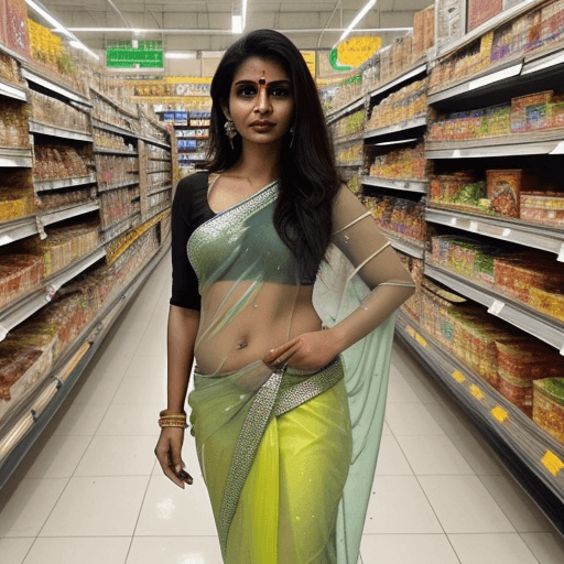 AI generated: Bold and gorgeous Indian mother wearing shiny  half body transparent Saree, ultra realistic vision, ...