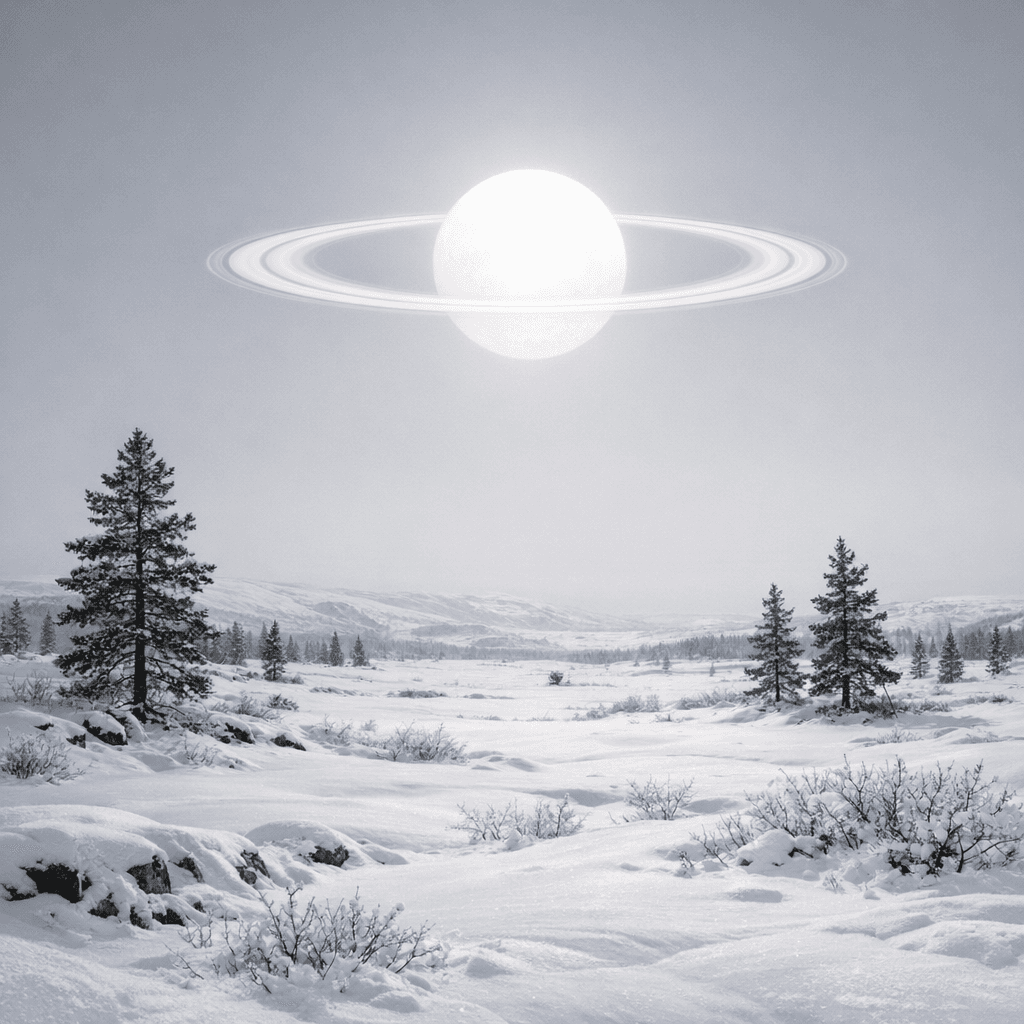 AI generated: a scenic landscape of a snow covered Tandra with a few pine trees but the sky has a more grey color ...