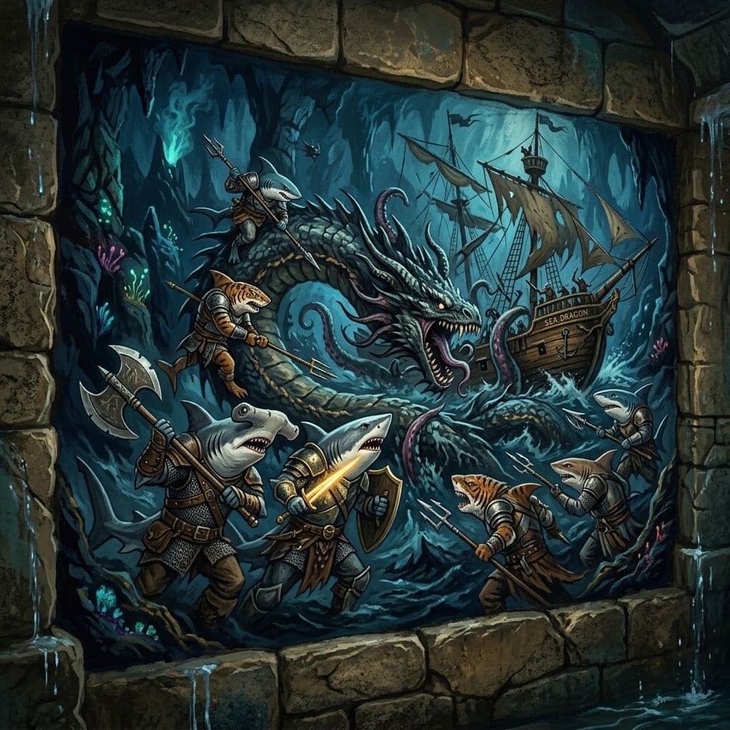 AI generated: a mural of a large group of different types of anthropomorphic sharks fighting a giant leviathan as ...