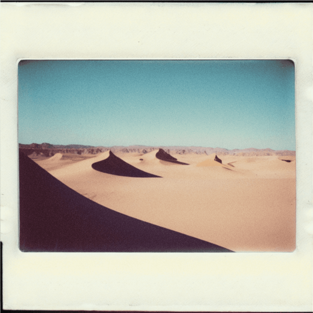 AI generated: Desert landscape, sunny day, harsh light, hard shadows, polaroid photo with white border, analog pho...