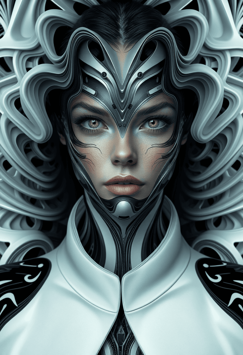 AI generated: Hyper-realistic futuristic portrait of a woman seamlessly merging with a three-dimensional abstract ...