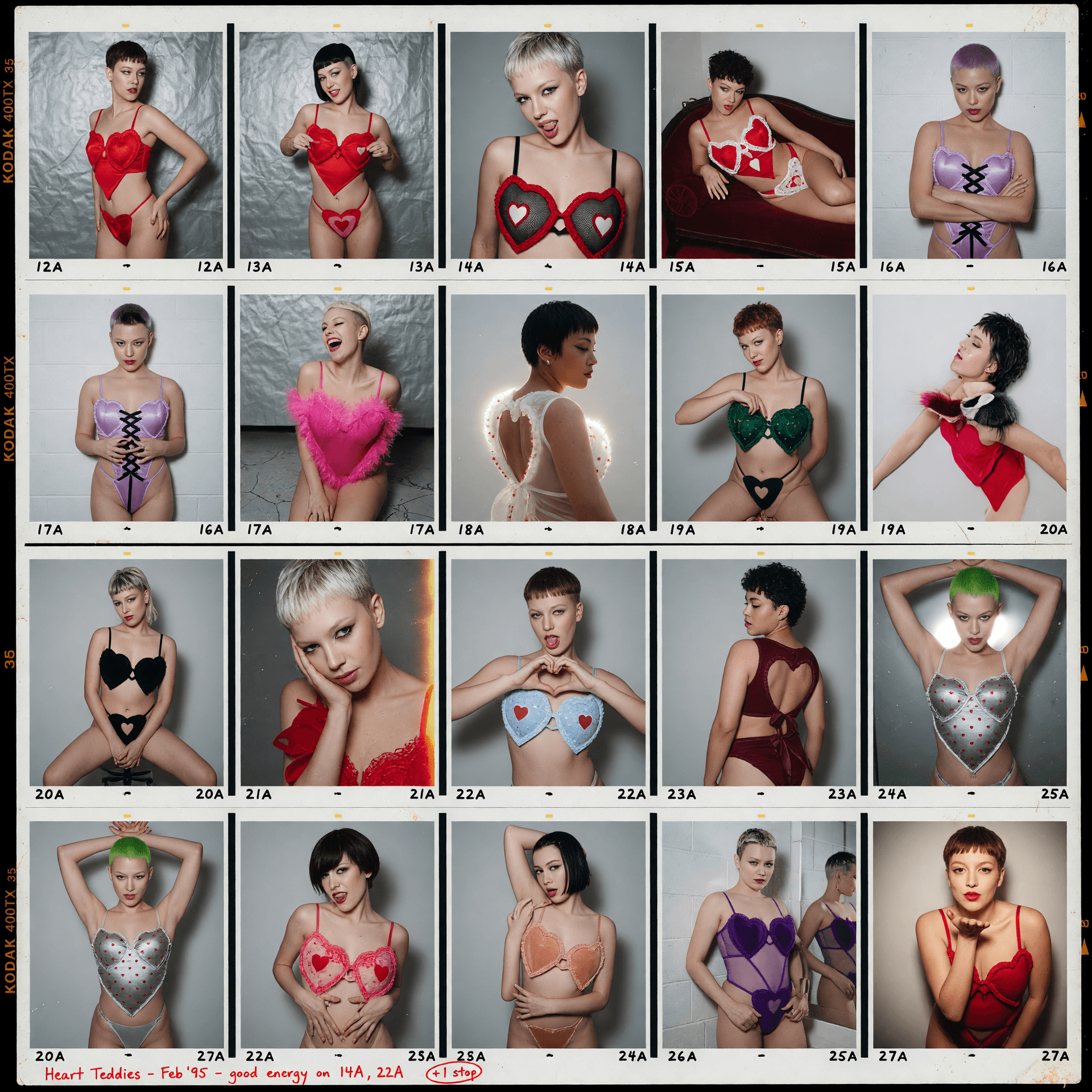 AI generated: contact sheet of 35mm shots of short haired female models in side-breast-revealing valentines heart ...