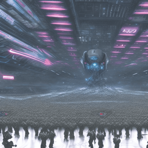 AI generated: A gigantic futurist army with thousands engineers mens branding their laptops in the air, taken from...