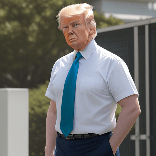 AI generated: donald trump wears short sleeve white shirt with blue tie, dark green jeans, he is standing in front...