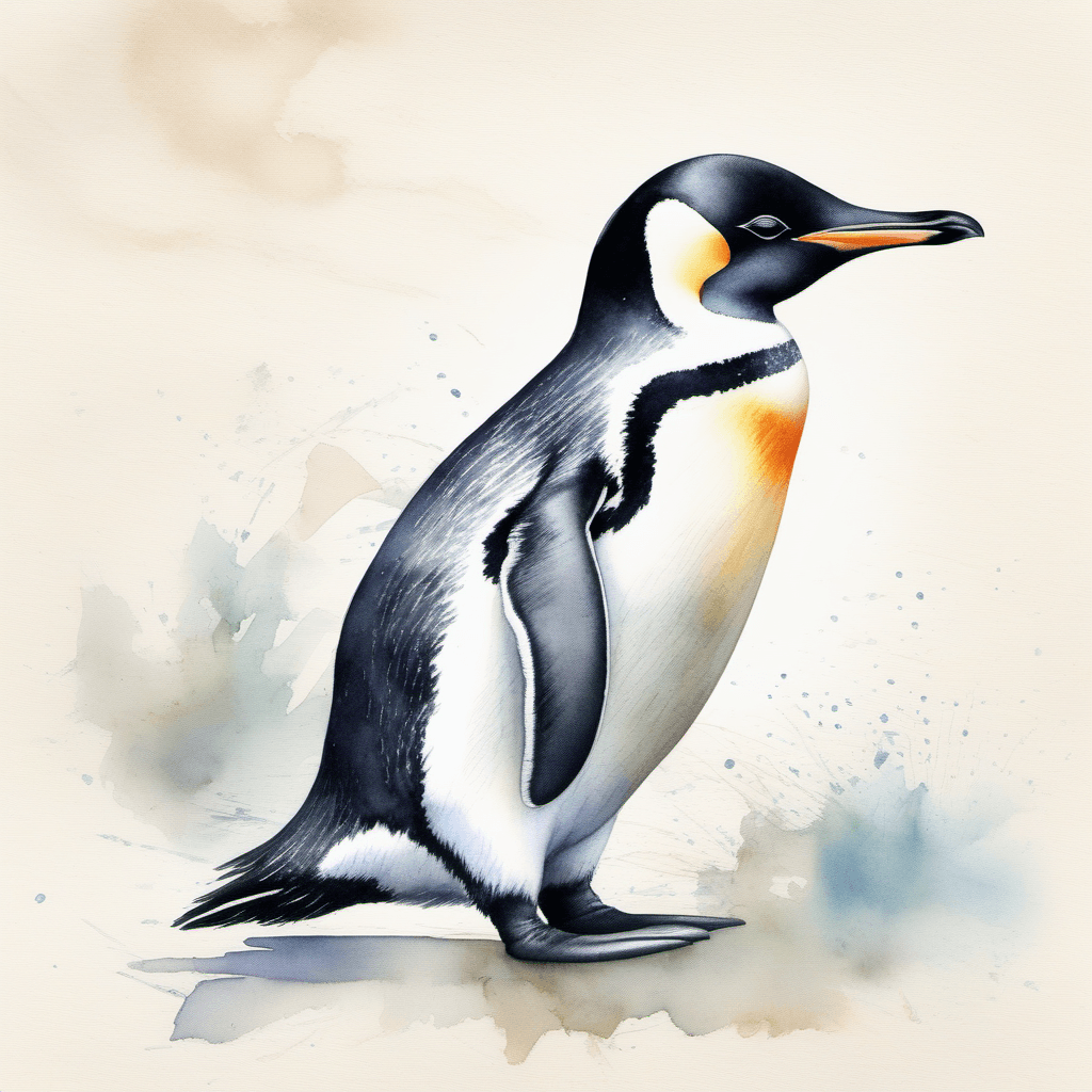 AI generated: young penguin, fine pencil lines, watercolour, 8k, masterpiece, birch paper background