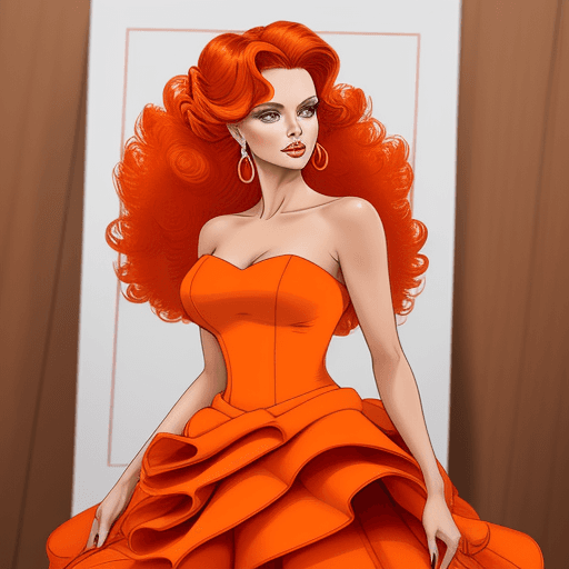 AI generated: FashionShow - ColoringBook style. Award winning fashion illustration of a stunning woman in a orange...