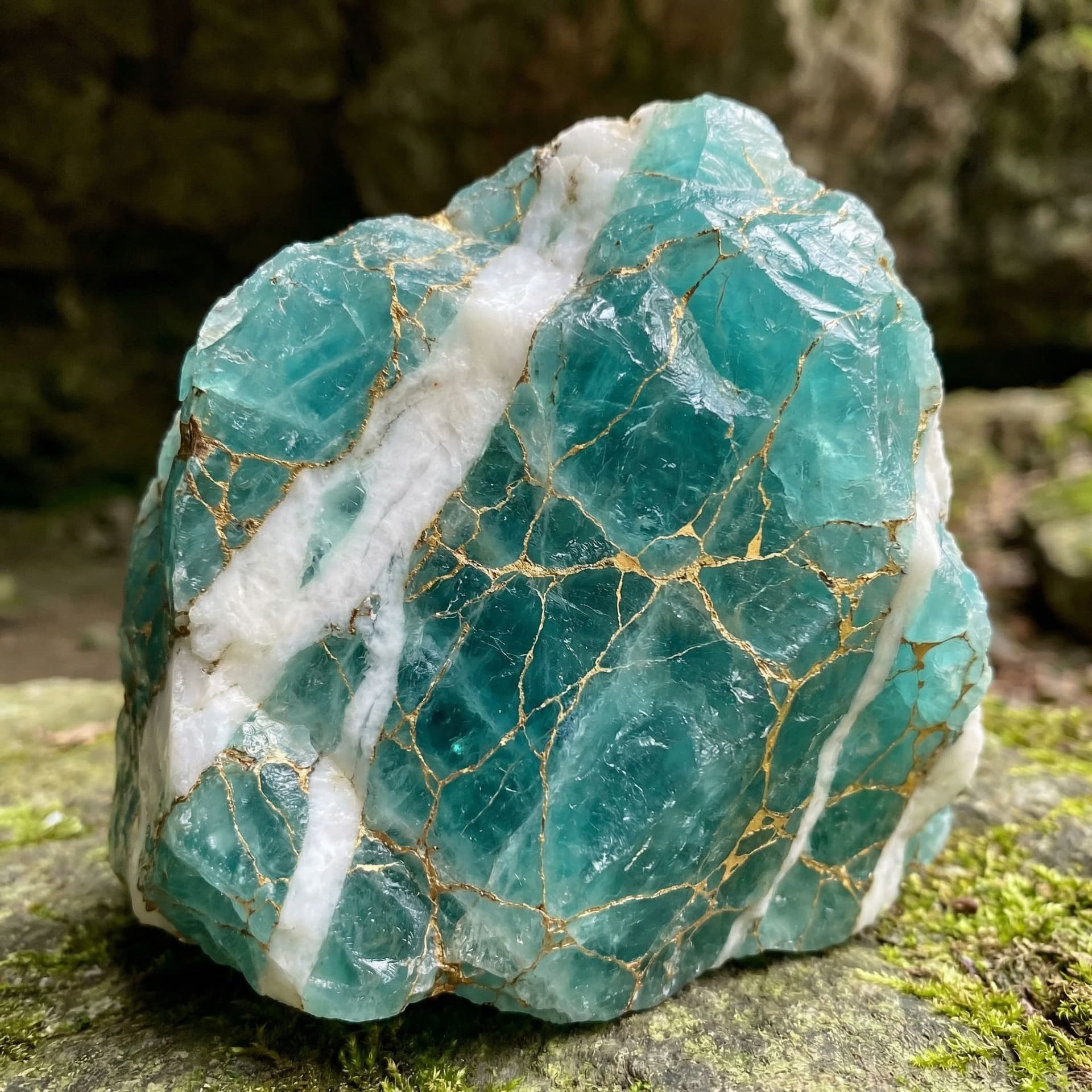 AI generated: A teal crystal with solid white veins like marble running through it and more veins of gold spread e...