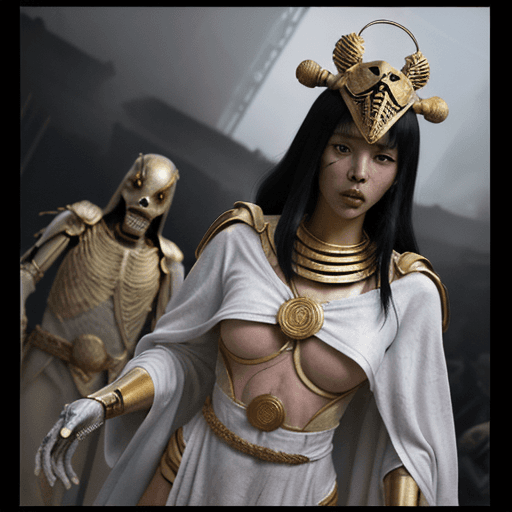 AI generated: Japanese ink: comic art, Andrei Arinouchkine, African woman with gold skeleton mask white armor long...