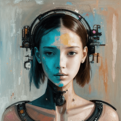 AI generated: Mixed media artwork + Emotional cyborg girl + Elegant dress + Skin lesions as a storytelling element...