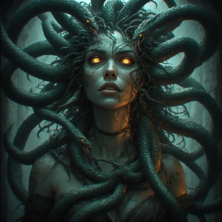 AI generated: Perchance
Medusa serpent queen, living snake hair, glowing eyes, stone temple, ultra-realistic scale...