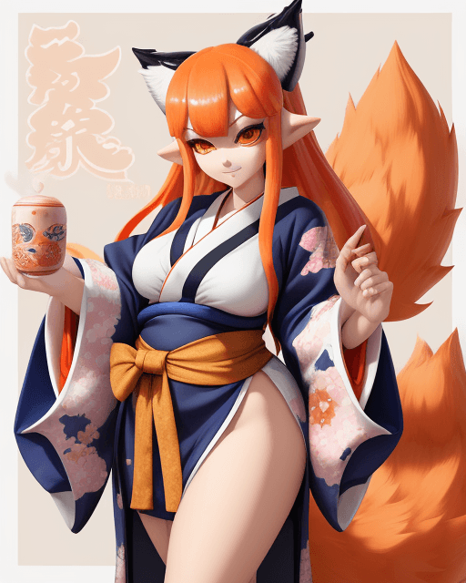 AI generated: inkling goddess, kitsune, multiple big fluffy tails, thick thighs, in a kimono, dronification