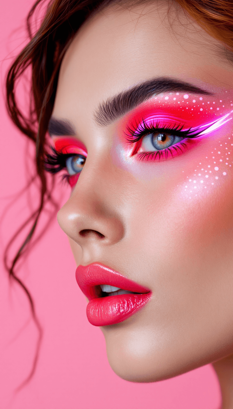AI generated: closeup side angle photo of a model with gorgeous bright neon dotted red eye makeup and thick black ...