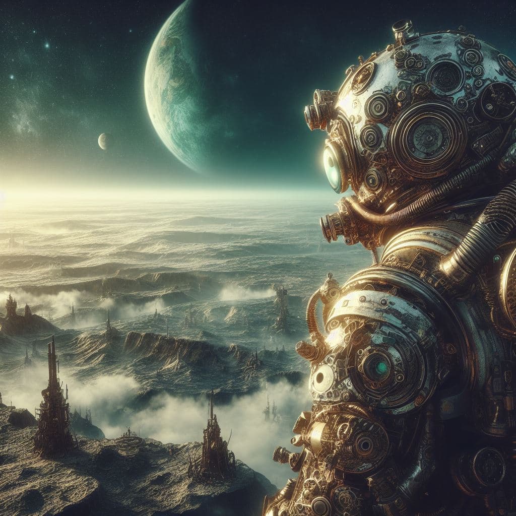 AI generated: a steampunk base on a moon.A steampunk astronaut observes the landscape.A planet can be seen on the ...