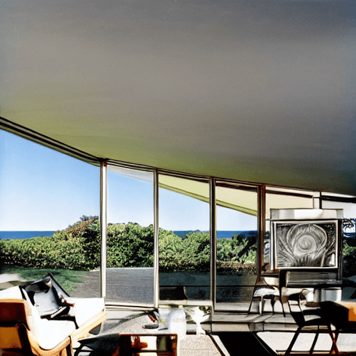 AI generated: hyper realistic eye level exterior photo of a mid century modern style house overlooking the ocean, ...