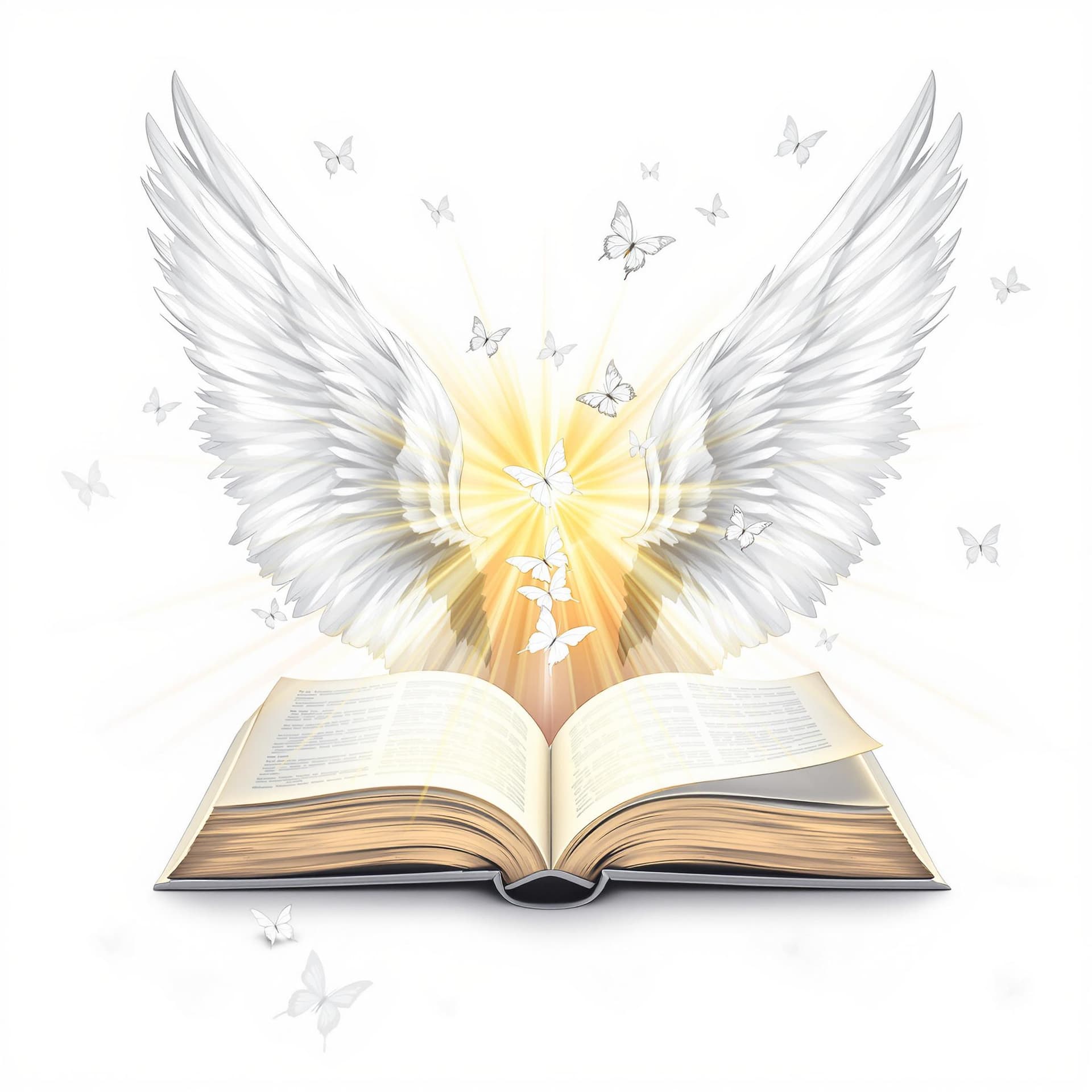 AI generated: a book with angle wings with god rays white butterflies in background