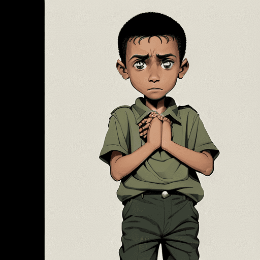 AI generated: A poor young boy holds out his empty trouser pockets with his hands while looking at the viewer of t...