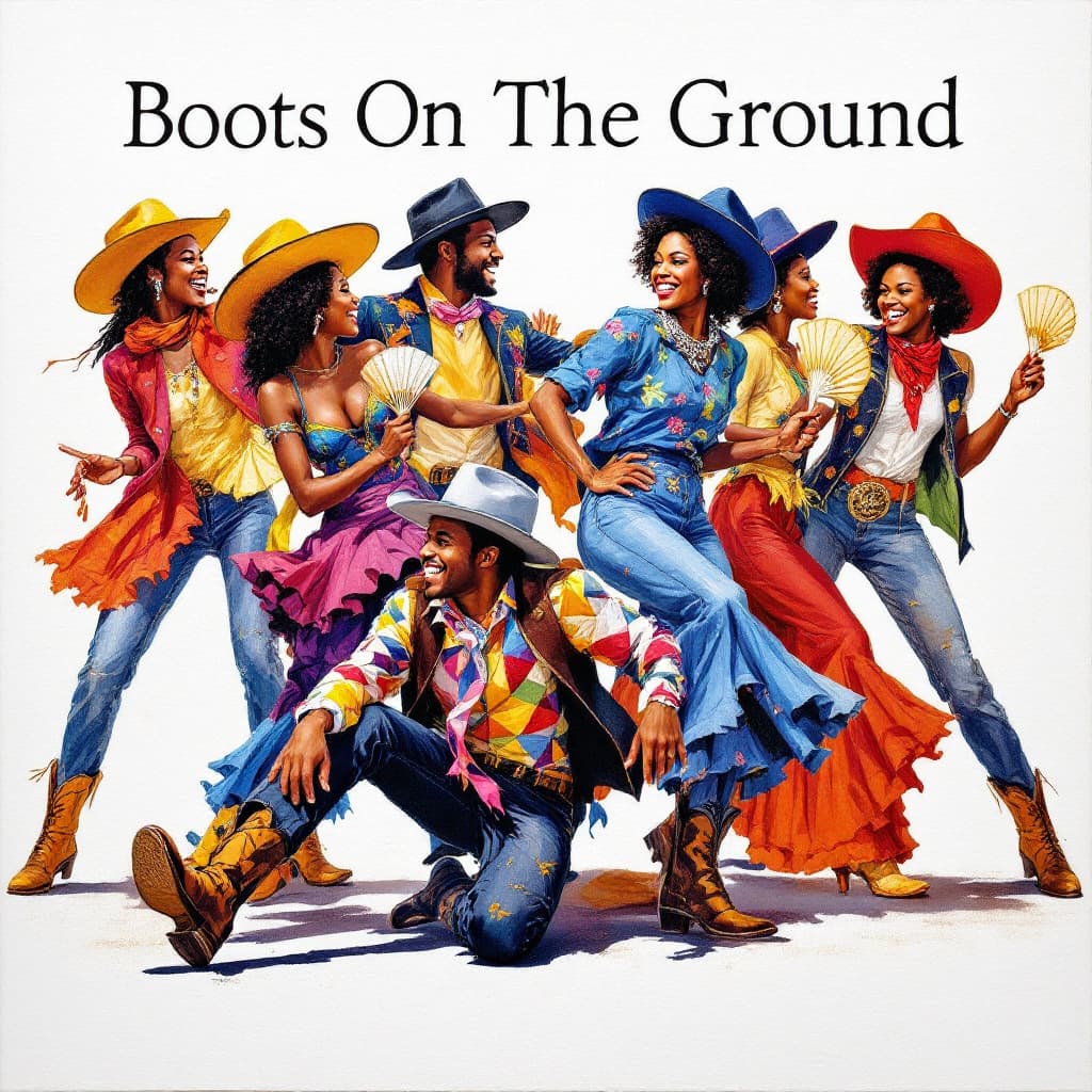 AI generated: This is a highly detailed acrylic painting of a group of African Americans energetically line dancin...