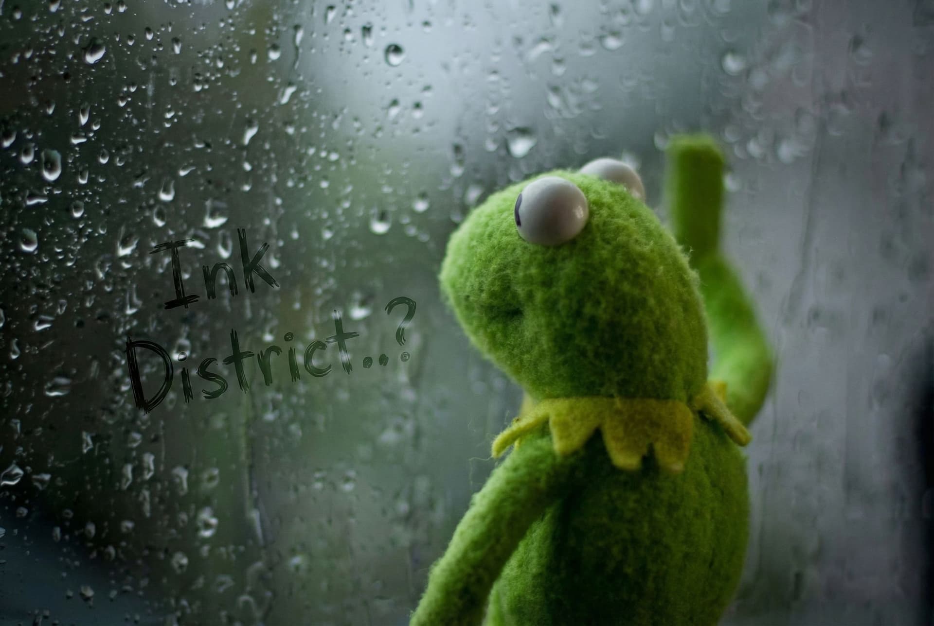 AI generated: Kermit the frog waiting for a response by the window. There is fog on the window and the name "Ink D...