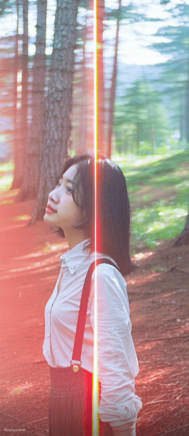AI generated: AA cinematic portrait of an Asian woman standing in a quiet forest, captured in a spontaneous moment...