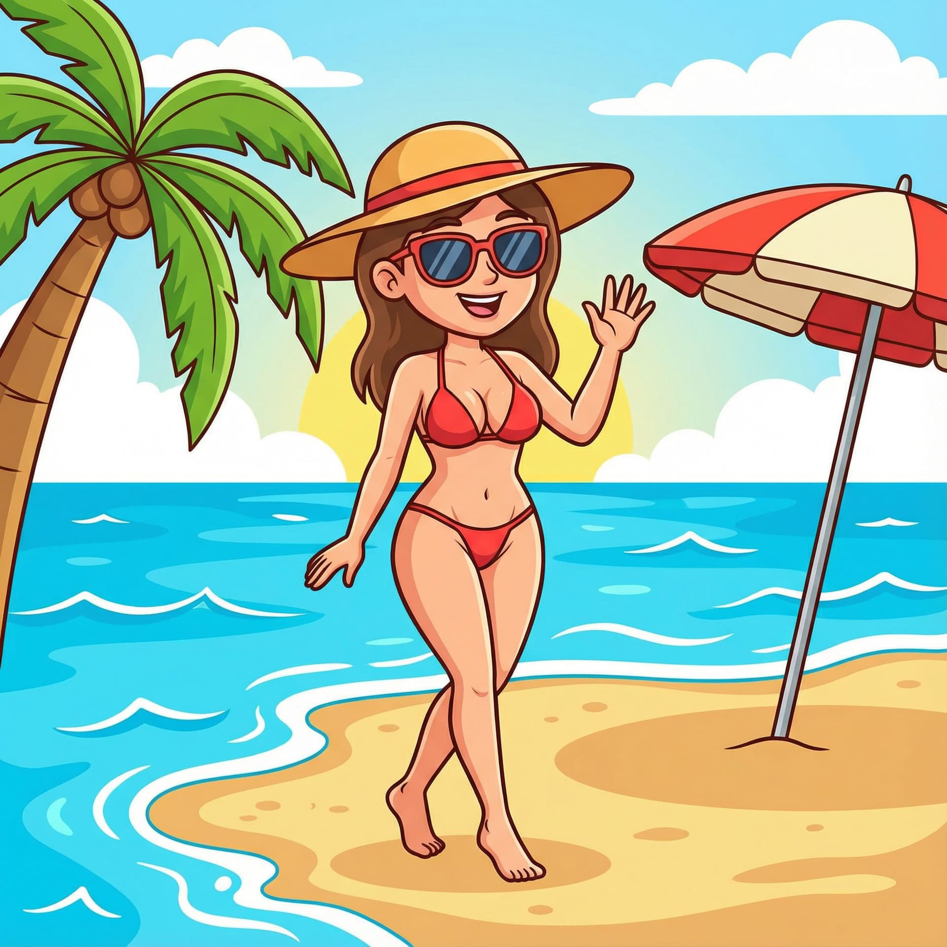 AI generated: make the woman in g string bikni cartoon type on beach